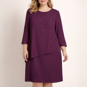 R&M Richards Deep Purple Eggplant Beaded Long Sleeve Vintage Dress Plus Size24WP